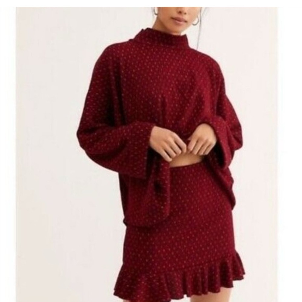 Free People Set the Mood‎ 2-Piece Knit Sweater Skirt Set Wine Red NWT